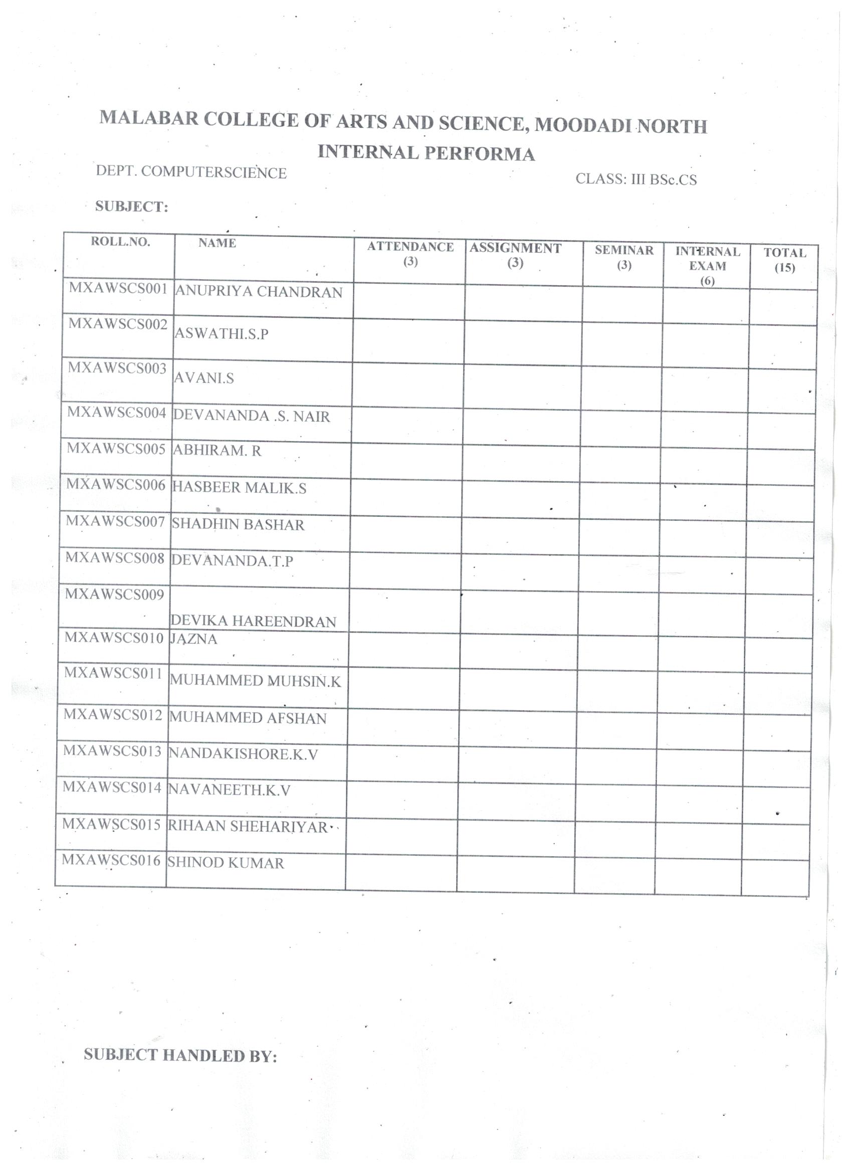 INTERNAL MARK – I BSC COMPUTER SCIENCE – Malabar College of Arts & Science